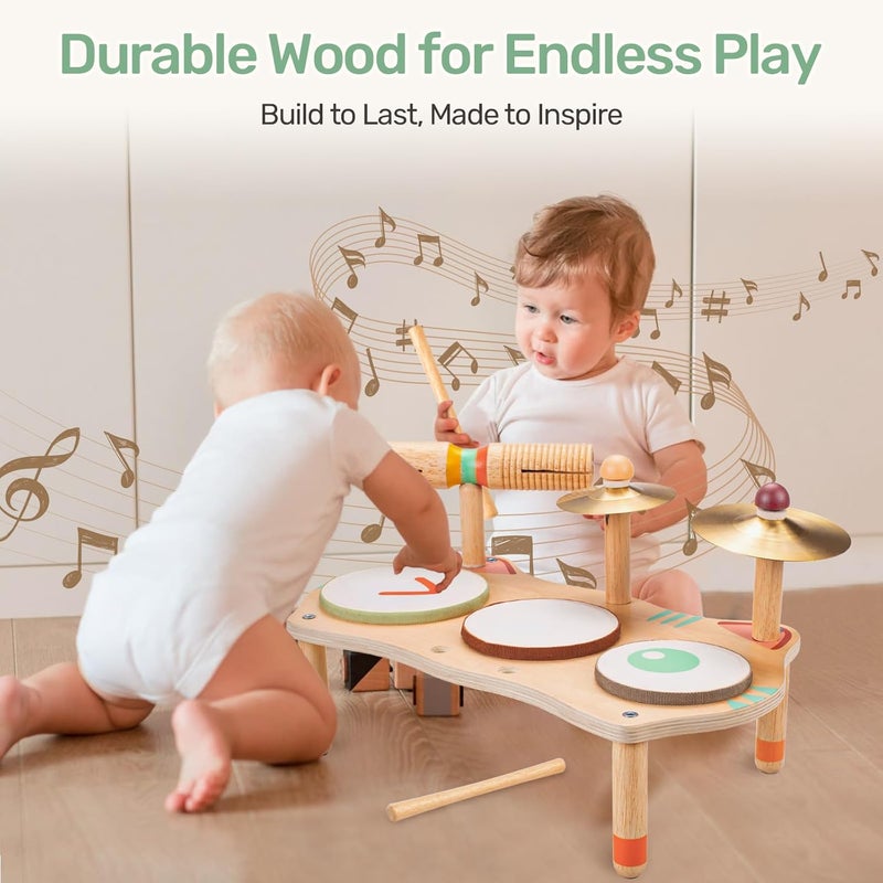 wingyz Store Kids Drum Set for Toddlers, All-in-One Montessori Musical Instruments - Wooden Music Toys for Baby, Neutral Colors, Sensory Preschool Drum Kit, Birthday Gifts for Boys Girls - Image 5